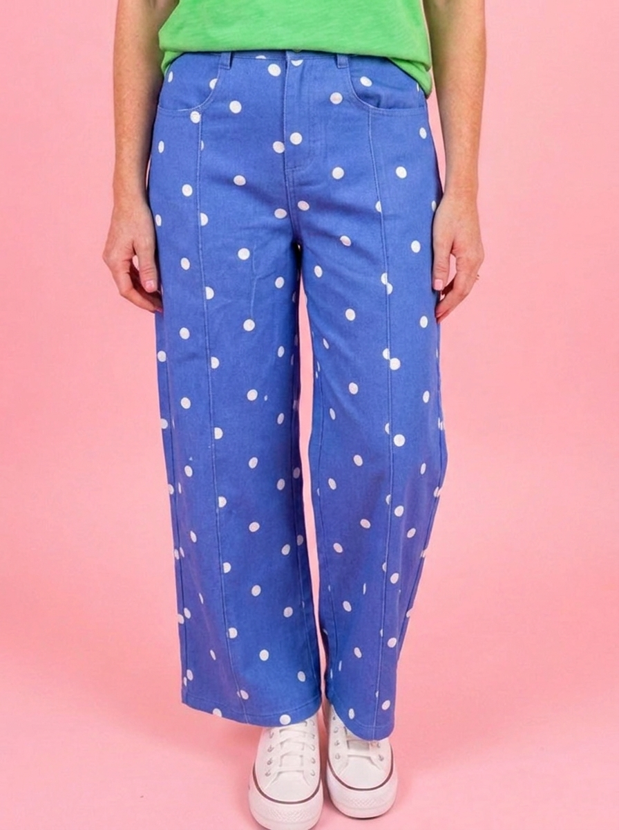 Blue polka dot wide leg cropped jeans on a pink backdrop