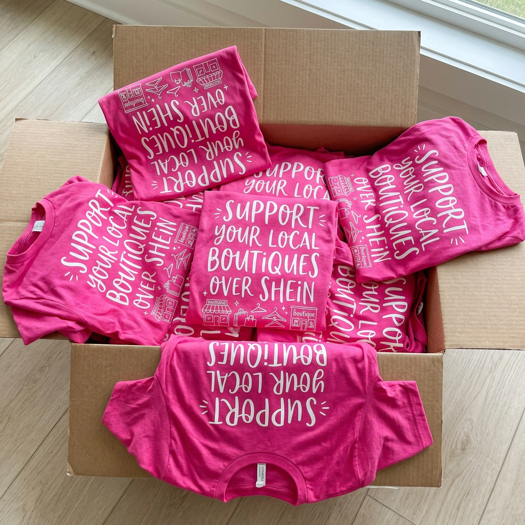 Box full of folded pink boutique tees just delivered