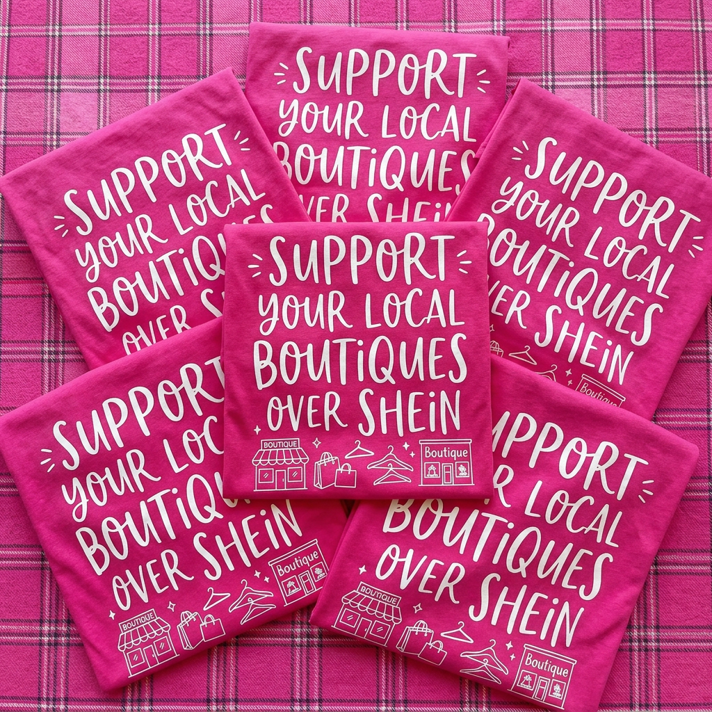 Stack of folded pink boutique tees fanned out on a pink plaid blanket