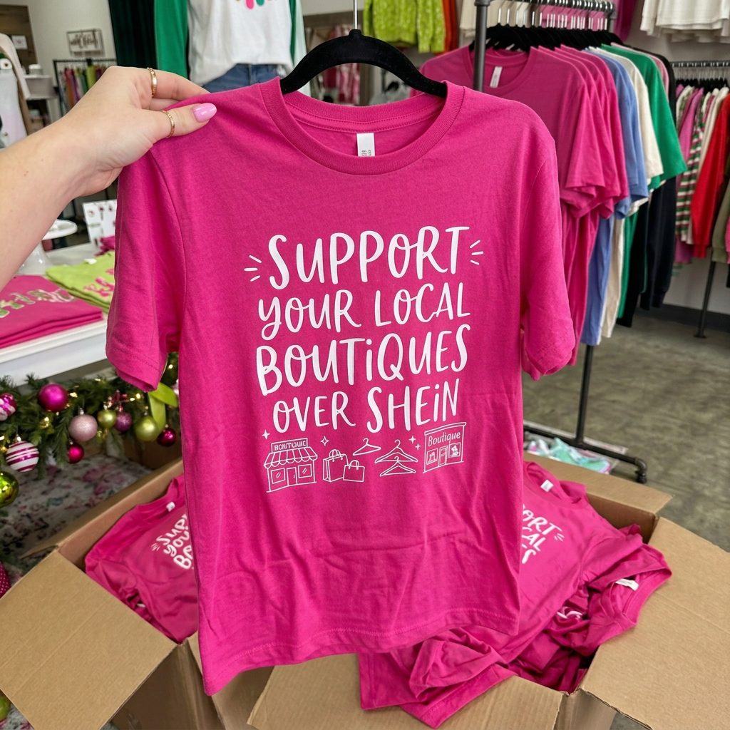 Pink boutique tee held on a hanger in front of a colorful boutique rack