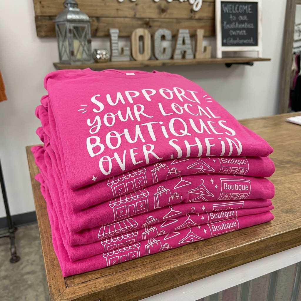 Stack of folded pink boutique tees on a wooden counter under a Shop Local sign