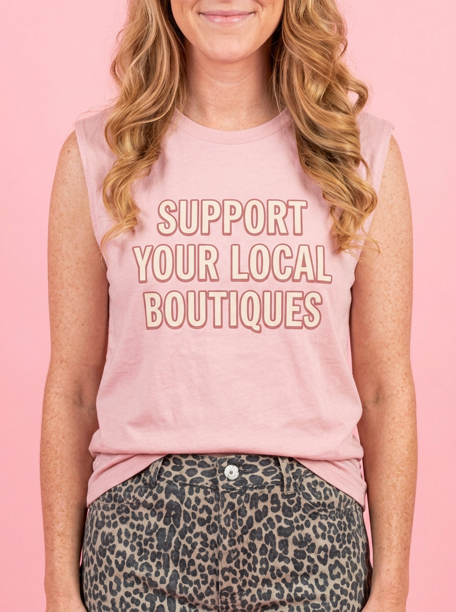 Pink Support Your Local Boutiques muscle tank on a pink backdrop